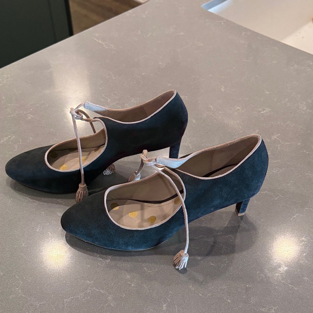 Boden Grey Black Suede Heels with Cream Trim